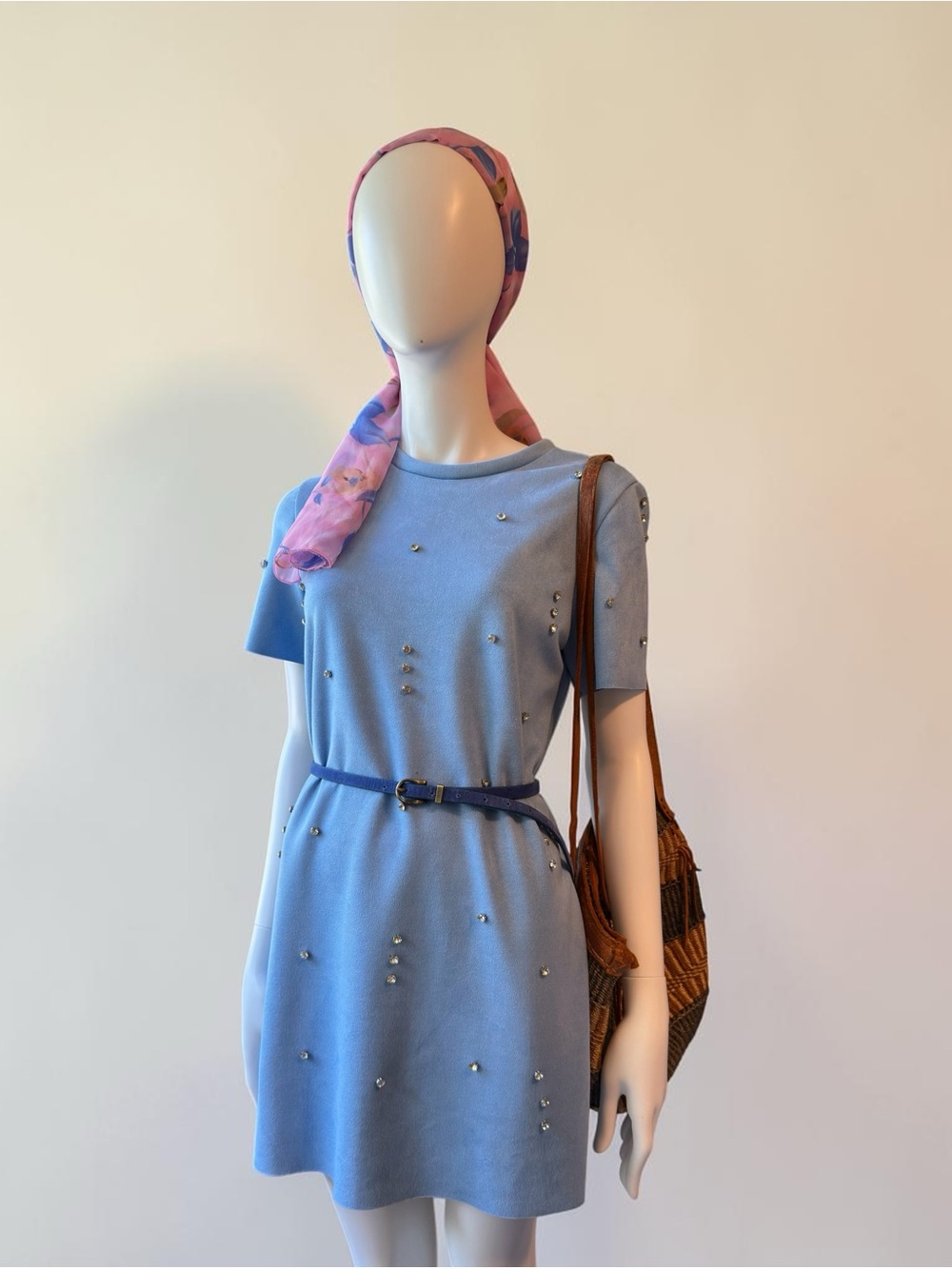 KOKER Light Blue Shift Mini Dress with Rhinestone Accents